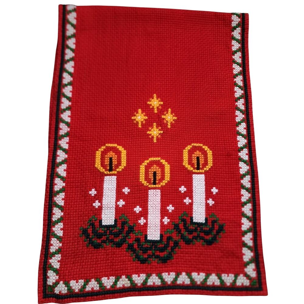 Vintage Cross Stitch Embroidery Candles Christmas Table Runner Decor
